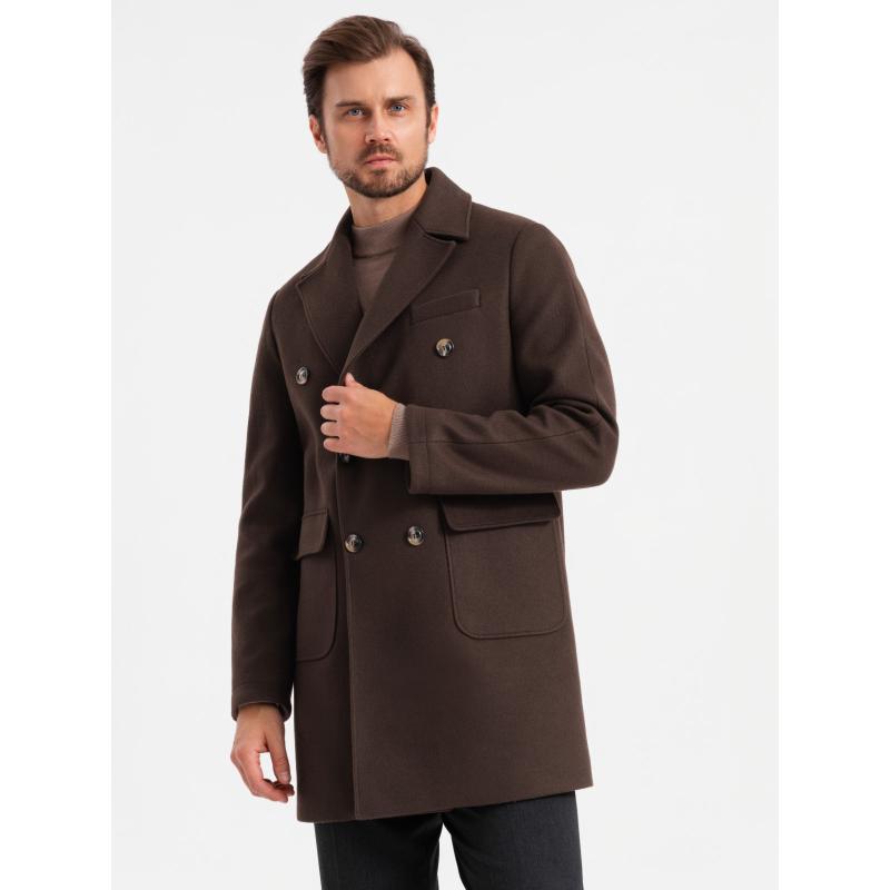 Pánský dvouřadový kabát s ozdobnými knoflíky - tmavě hnědý V3