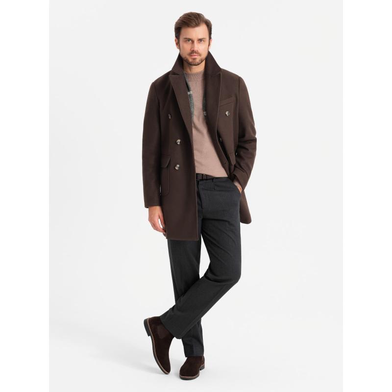 Pánský dvouřadový kabát s ozdobnými knoflíky - tmavě hnědý V3