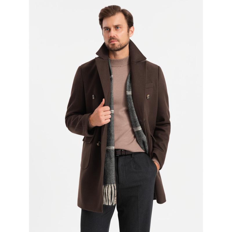 Pánský dvouřadový kabát s ozdobnými knoflíky - tmavě hnědý V3
