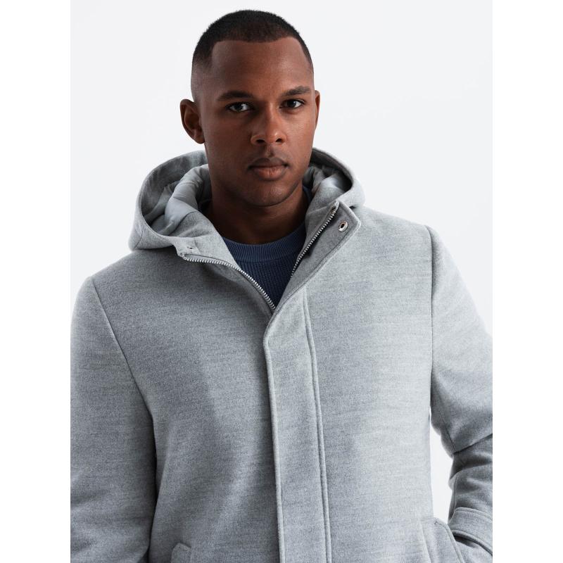 Jednobarevný dlouhý pánský kabát s kapucí - šedý melír V1