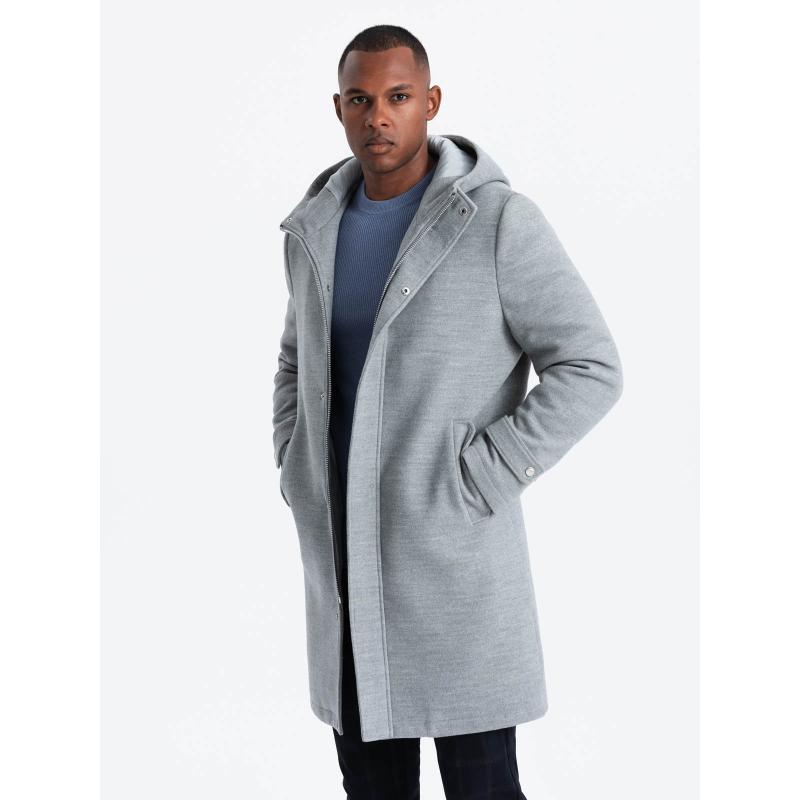 Jednobarevný dlouhý pánský kabát s kapucí - šedý melír V1