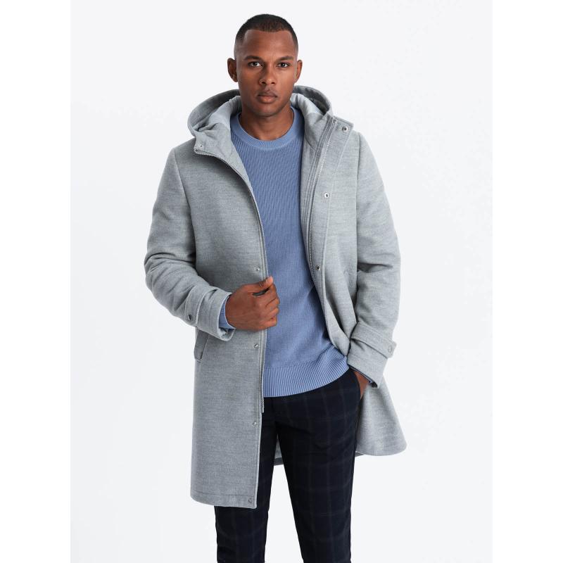 Jednobarevný dlouhý pánský kabát s kapucí - šedý melír V1