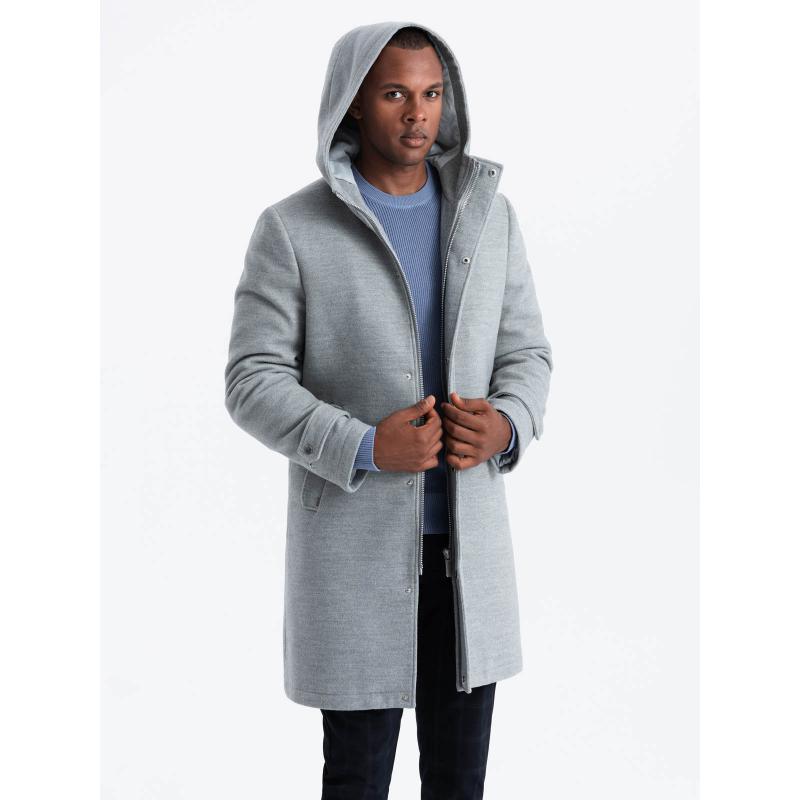 Jednobarevný dlouhý pánský kabát s kapucí - šedý melír V1