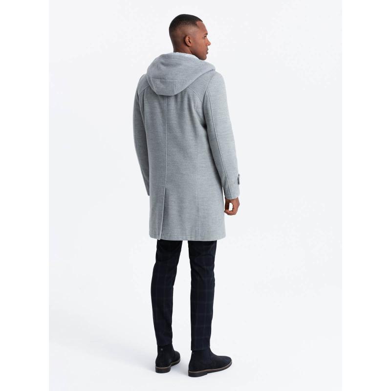 Jednobarevný dlouhý pánský kabát s kapucí - šedý melír V1
