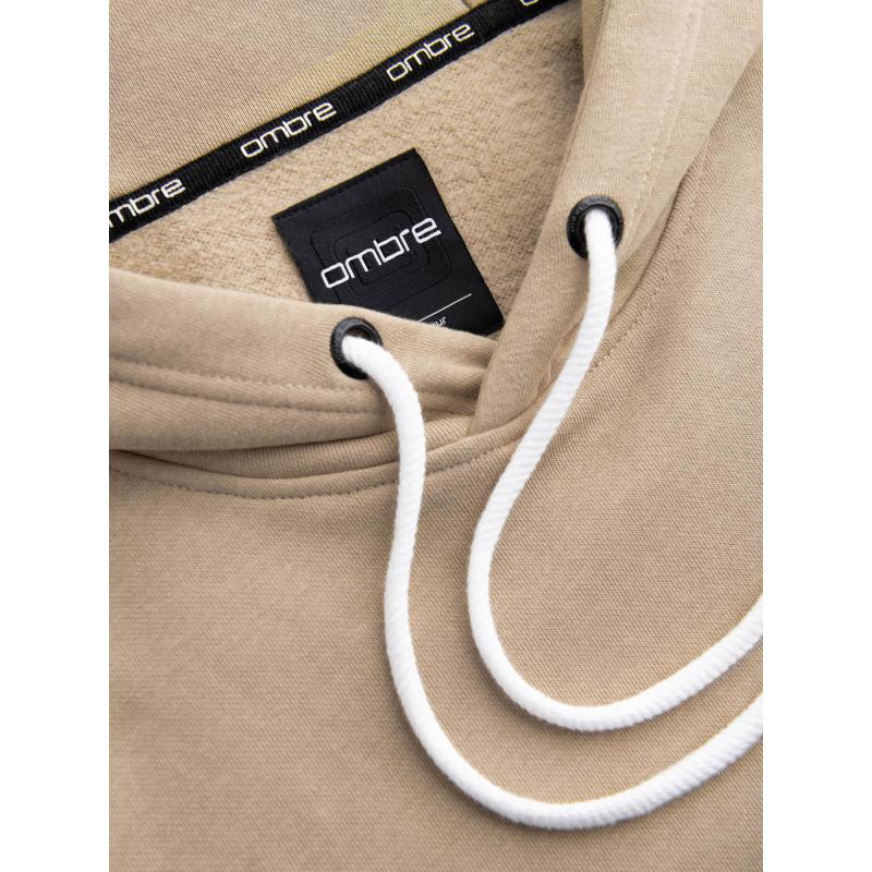 Pánska mikina bez kapucne s klokankou a nášivkou v univerzitnom štýle - piesková V3