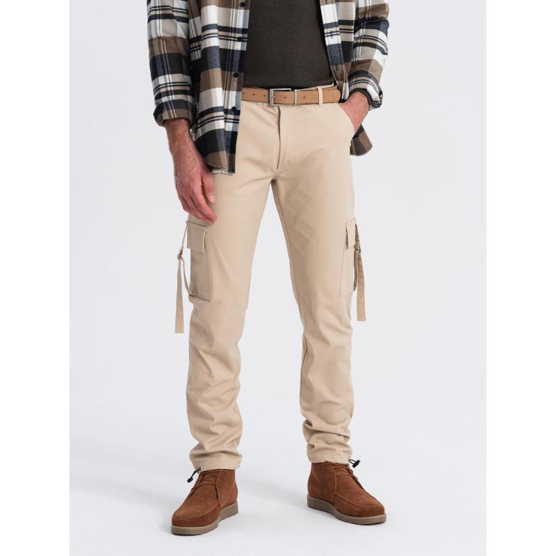 Férfi egyenes szárú cargo nadrág csíkos zsebekkel - homok V2 OM-PACG-0197 OM-PACG-0197