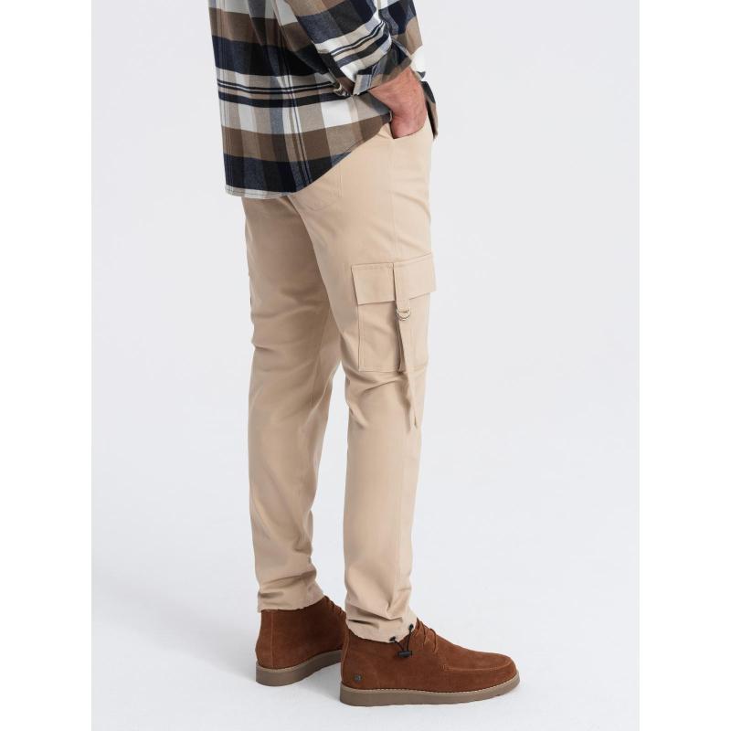 Férfi egyenes szárú cargo nadrág csíkos zsebekkel - homok V2 OM-PACG-0197 OM-PACG-0197