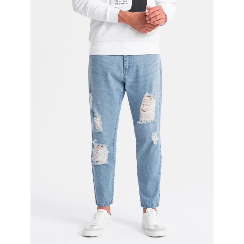 Pánské džínové kalhoty TAPERED FIT s otvory - světle modré V1 OM-PADP-0175
