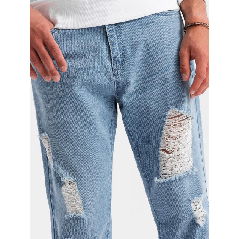 Pánské džínové kalhoty TAPERED FIT s otvory - světle modré V1 OM-PADP-0175