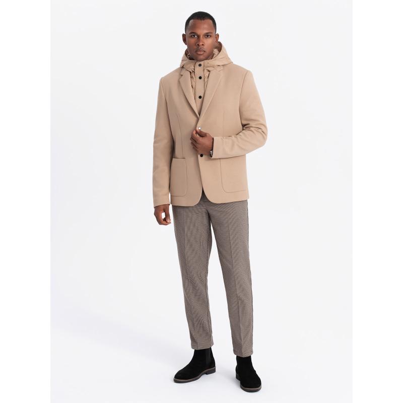 Férfi zakó magas gallérral és kapucnival - világosbarna V1 OM-BLZB-0133 OM-BLZB-0133