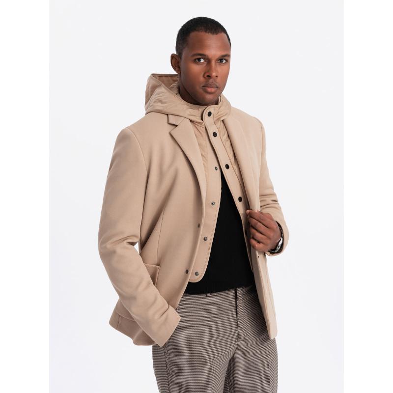 Férfi zakó magas gallérral és kapucnival - világosbarna V1 OM-BLZB-0133 OM-BLZB-0133