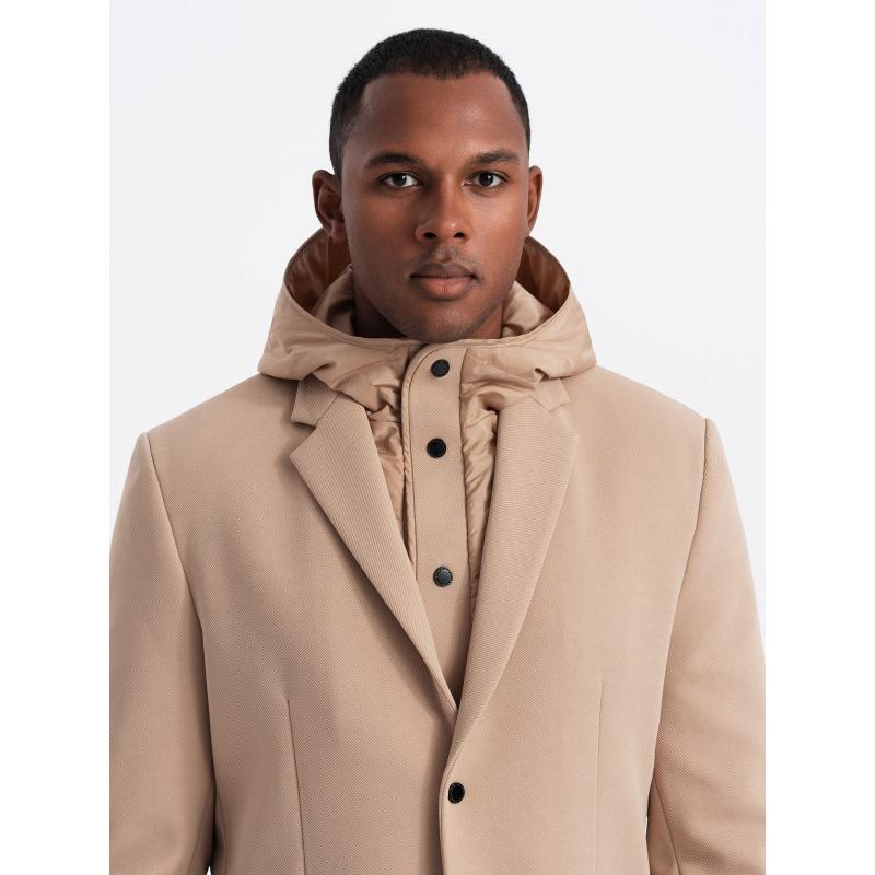 Férfi zakó magas gallérral és kapucnival - világosbarna V1 OM-BLZB-0133 OM-BLZB-0133