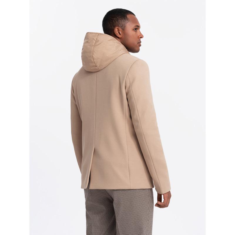 Férfi zakó magas gallérral és kapucnival - világosbarna V1 OM-BLZB-0133 OM-BLZB-0133