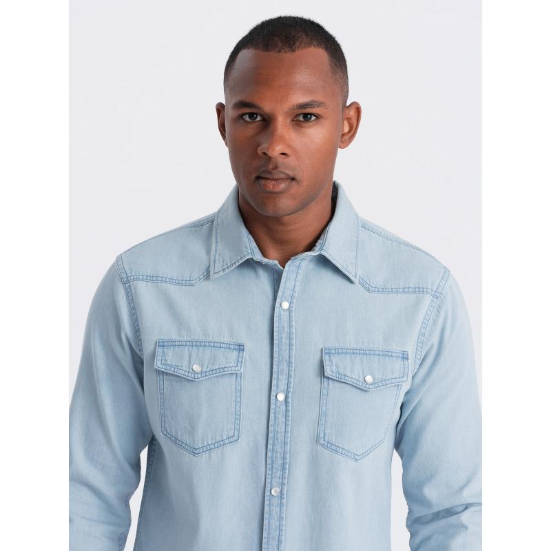 Pánske džínsové tričko s vreckami - svetlomodré V1