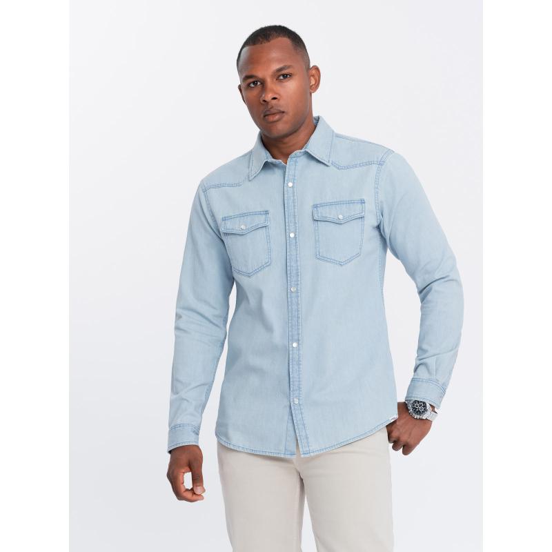 Pánske džínsové tričko s vreckami - svetlomodré V1