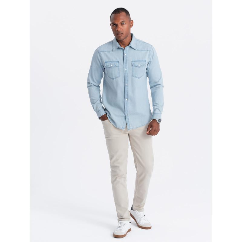 Pánske džínsové tričko s vreckami - svetlomodré V1