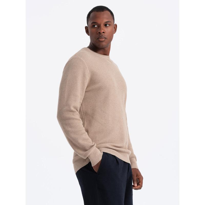 Pánský melanžový strukturovaný pletený svetr - pískový V3