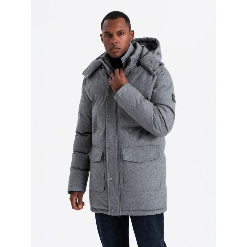 Teplá dlouhá pánská bunda parka s vlnou - šedá melanž V1