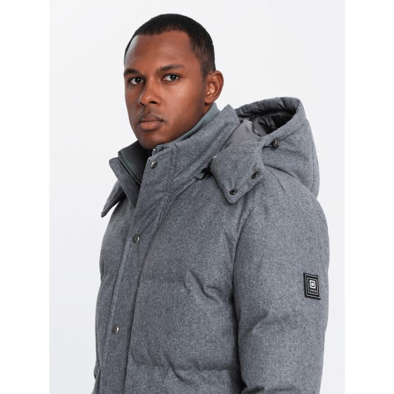Teplá dlouhá pánská bunda parka s vlnou - šedá melanž V1