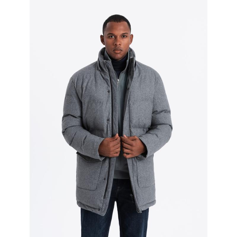 Teplá dlouhá pánská bunda parka s vlnou - šedá melanž V1