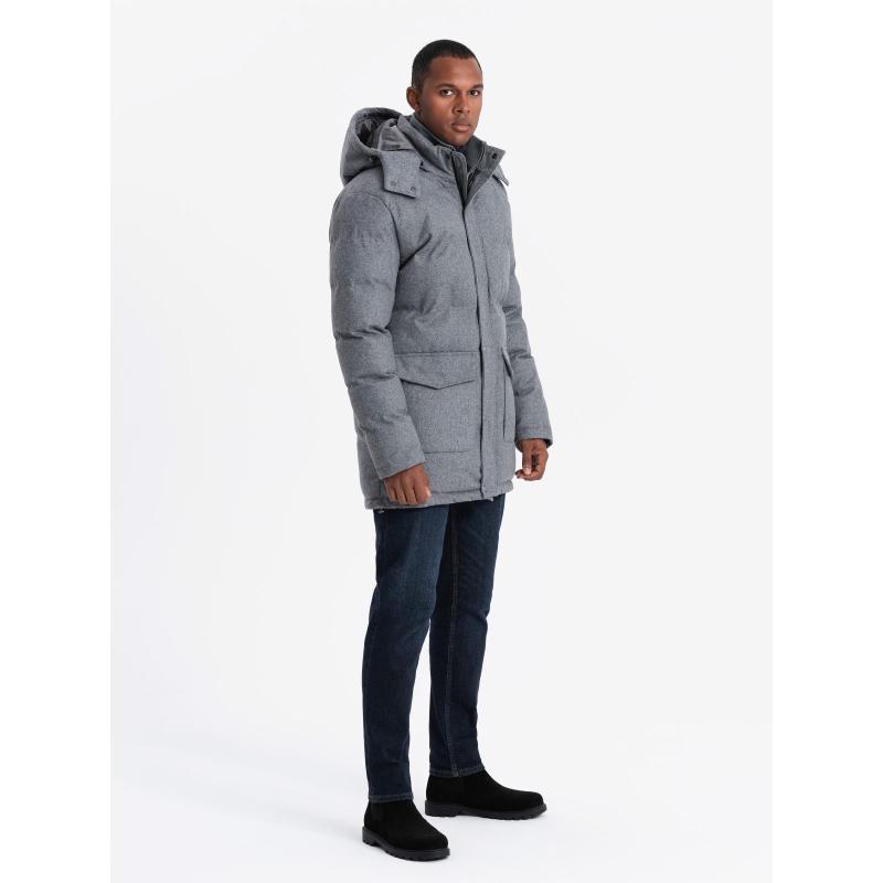 Teplá dlouhá pánská bunda parka s vlnou - šedá melanž V1