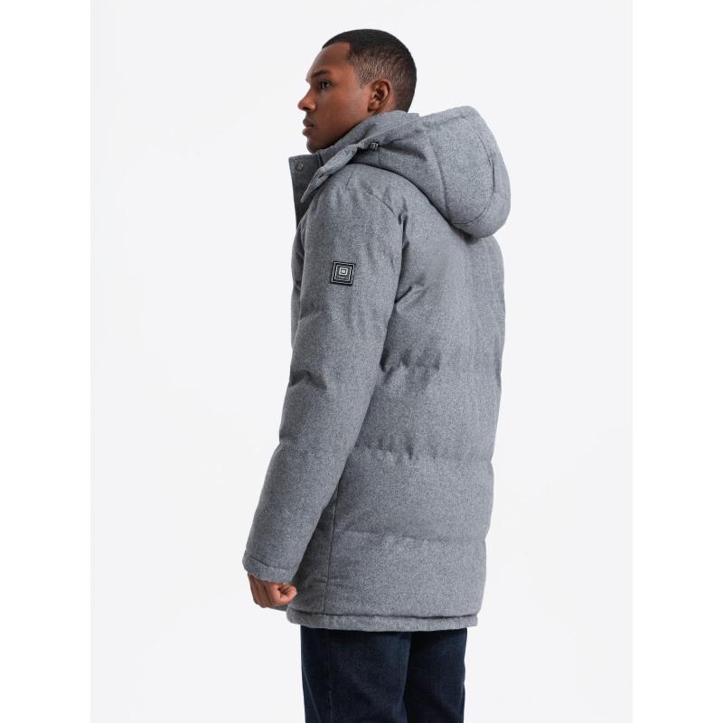 Teplá dlouhá pánská bunda parka s vlnou - šedá melanž V1