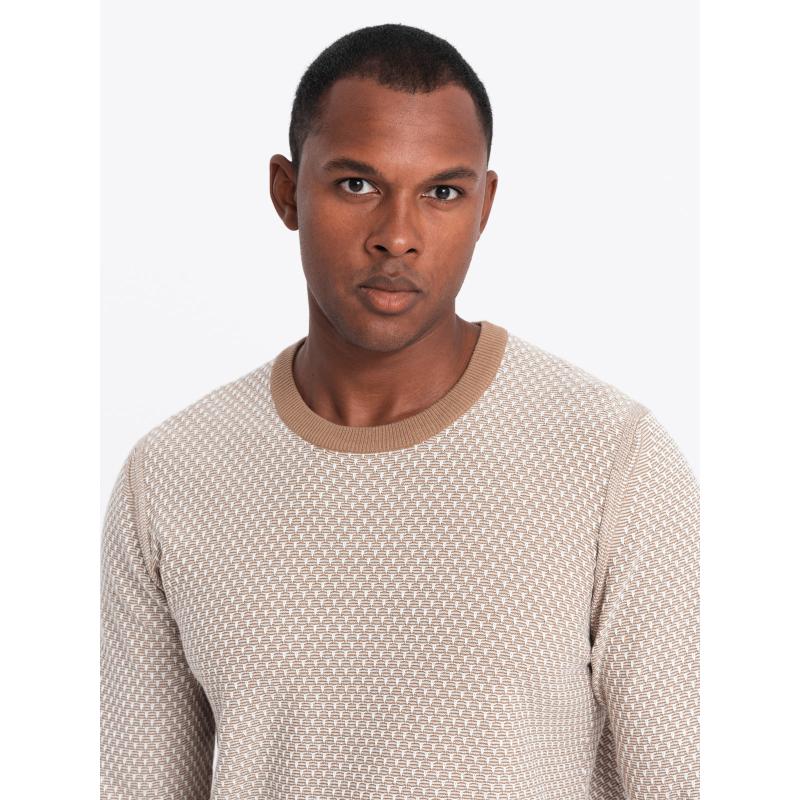 Pánský pletený svetr RELAXED FIT se vzory - světle hnědý V3