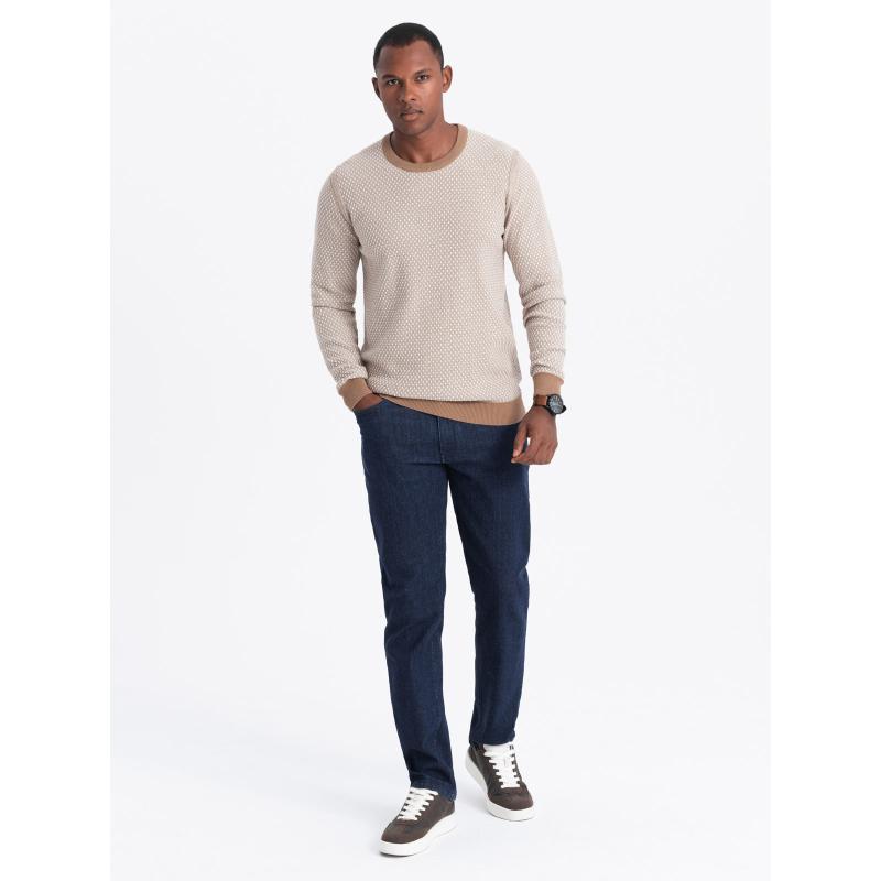 Pánský pletený svetr RELAXED FIT se vzory - světle hnědý V3