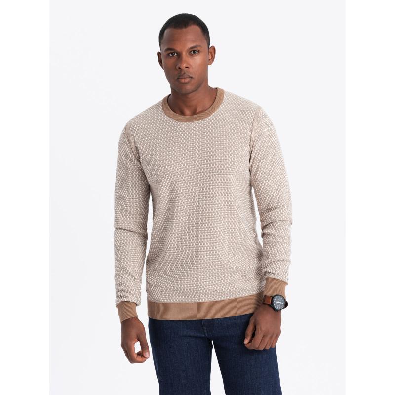 Pánský pletený svetr RELAXED FIT se vzory - světle hnědý V3