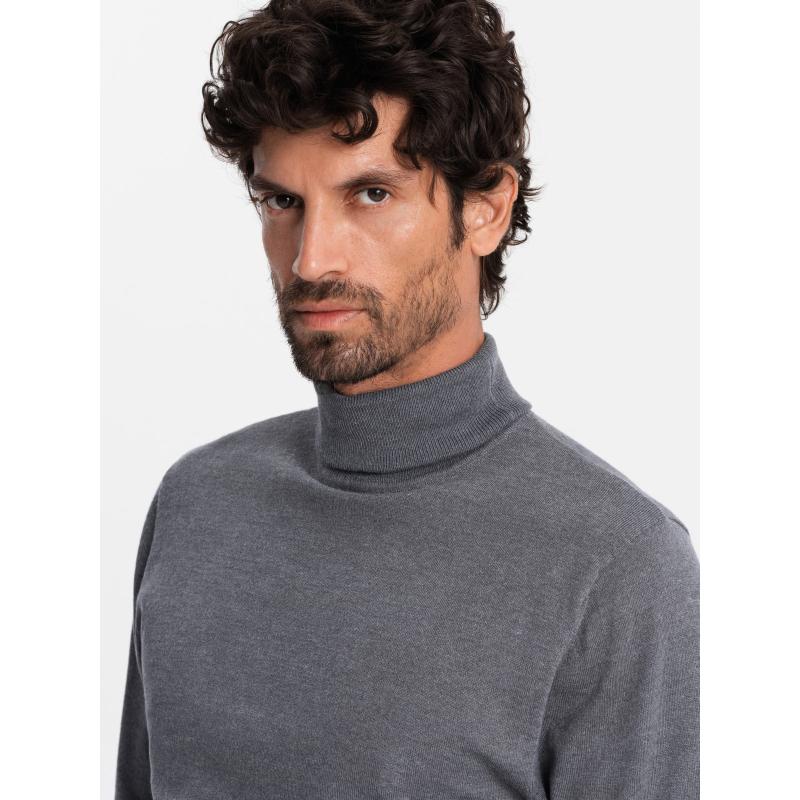 Jednobarevný pánský pletený rolák s viskózou - šedý melír V2