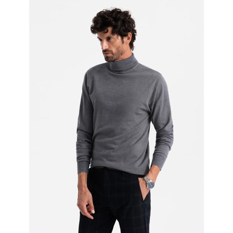 Jednobarevný pánský pletený rolák s viskózou - šedý melír V2