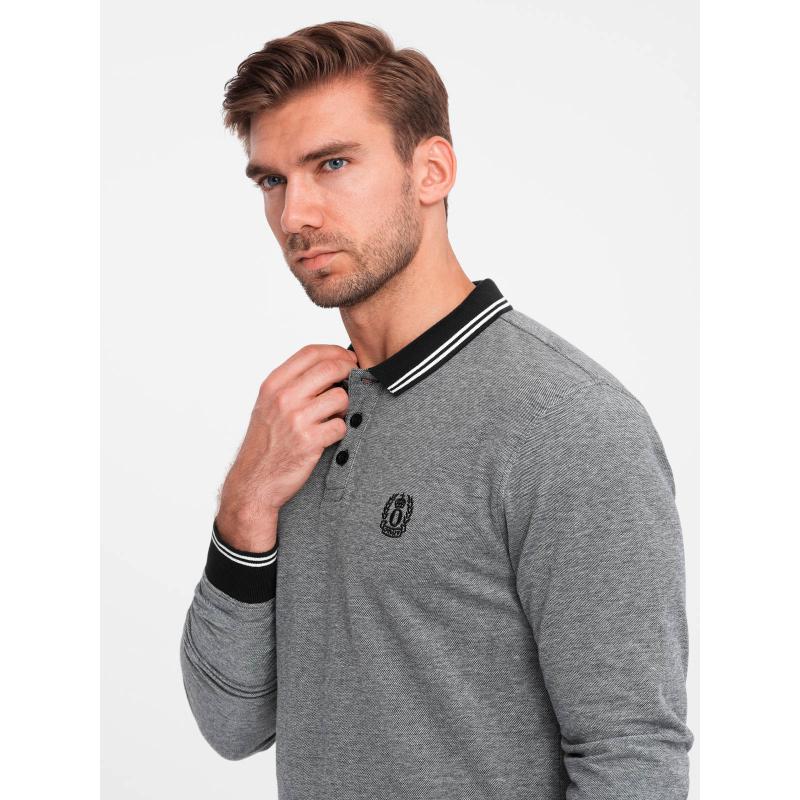 Pánská melanžová polokošile s dlouhým rukávem a výšivkou - černá melanž V1