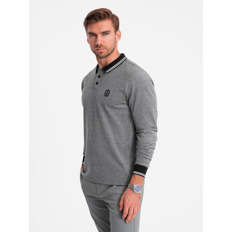 Pánská melanžová polokošile s dlouhým rukávem a výšivkou - černá melanž V1