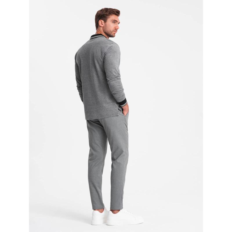 Pánská melanžová polokošile s dlouhým rukávem a výšivkou - černá melanž V1