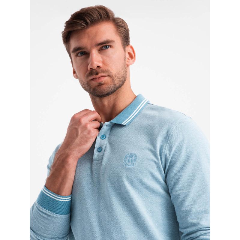 Férfi melange hosszú ujjú hímzett pólóing - kék melange V3