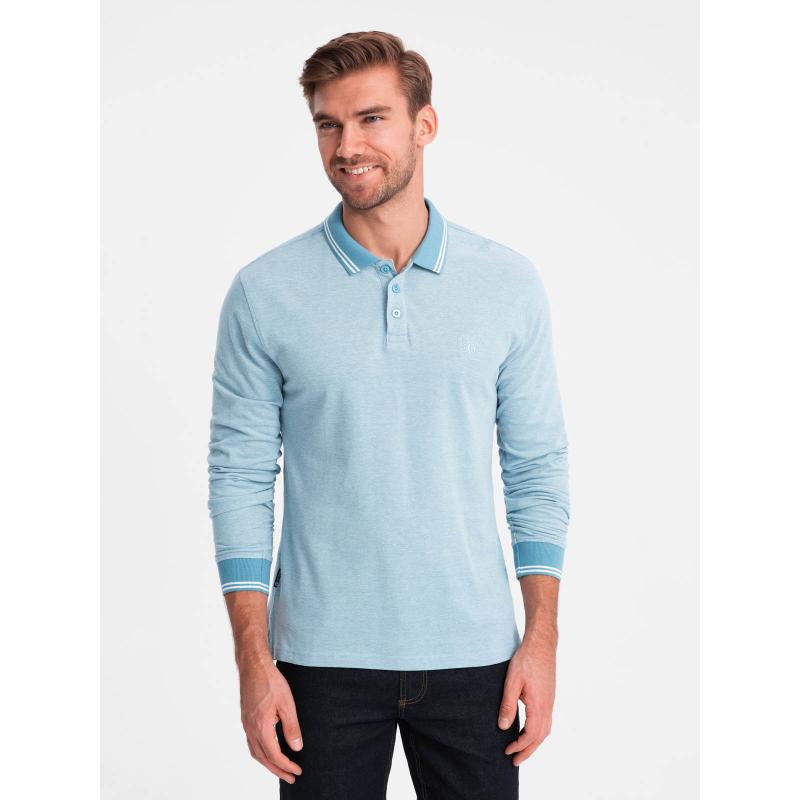 Férfi melange hosszú ujjú hímzett pólóing - kék melange V3