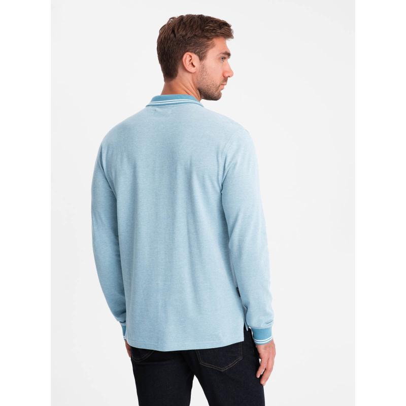 Férfi melange hosszú ujjú hímzett pólóing - kék melange V3