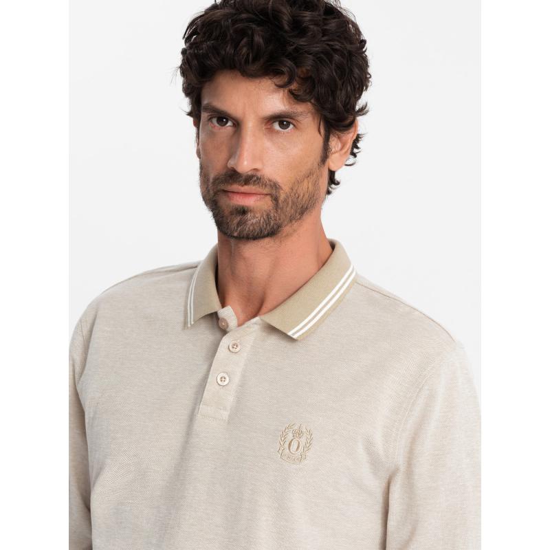 Pánská melanžová polokošile s dlouhým rukávem a výšivkou - písková melanž V4