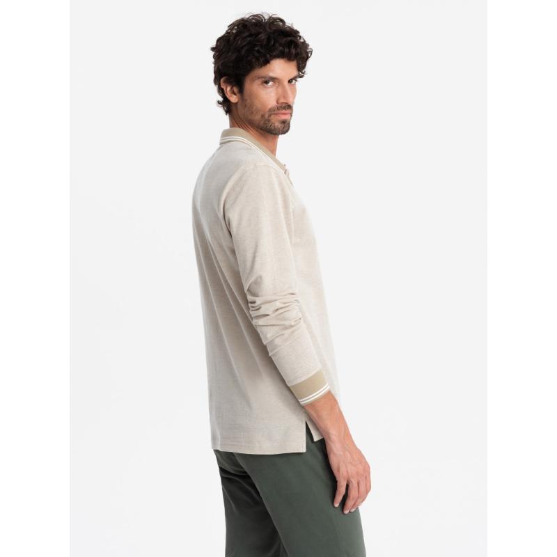 Pánská melanžová polokošile s dlouhým rukávem a výšivkou - písková melanž V4