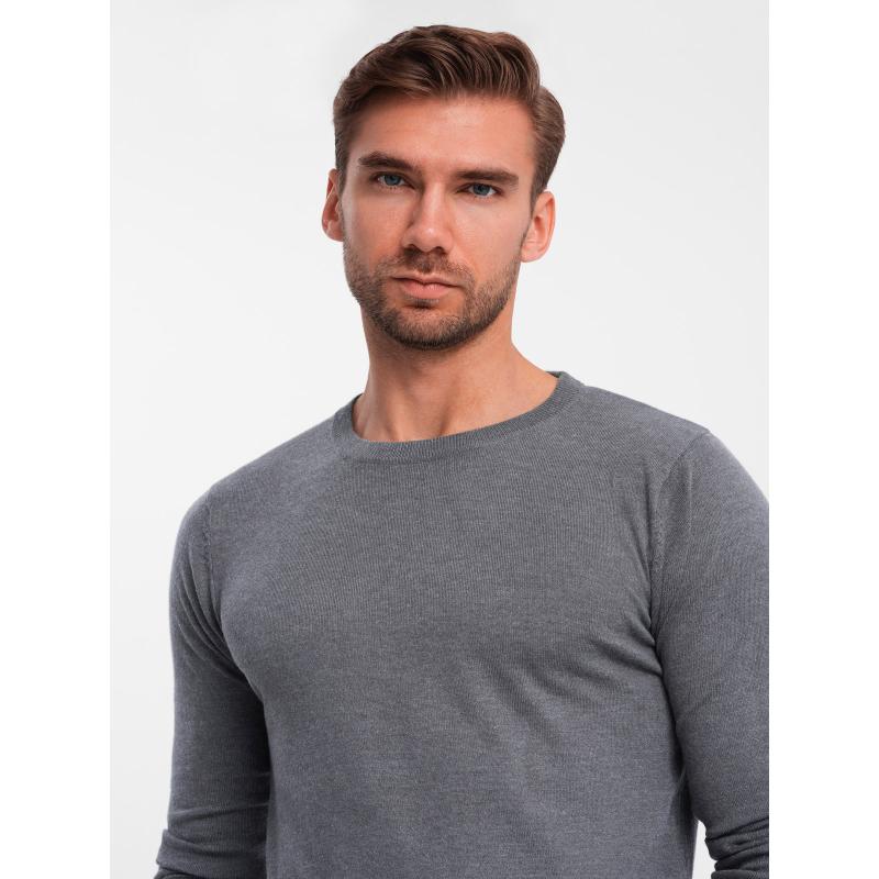 Klasický pánský svetr BASIC s kulatým výstřihem z viskózy - šedý melír V1