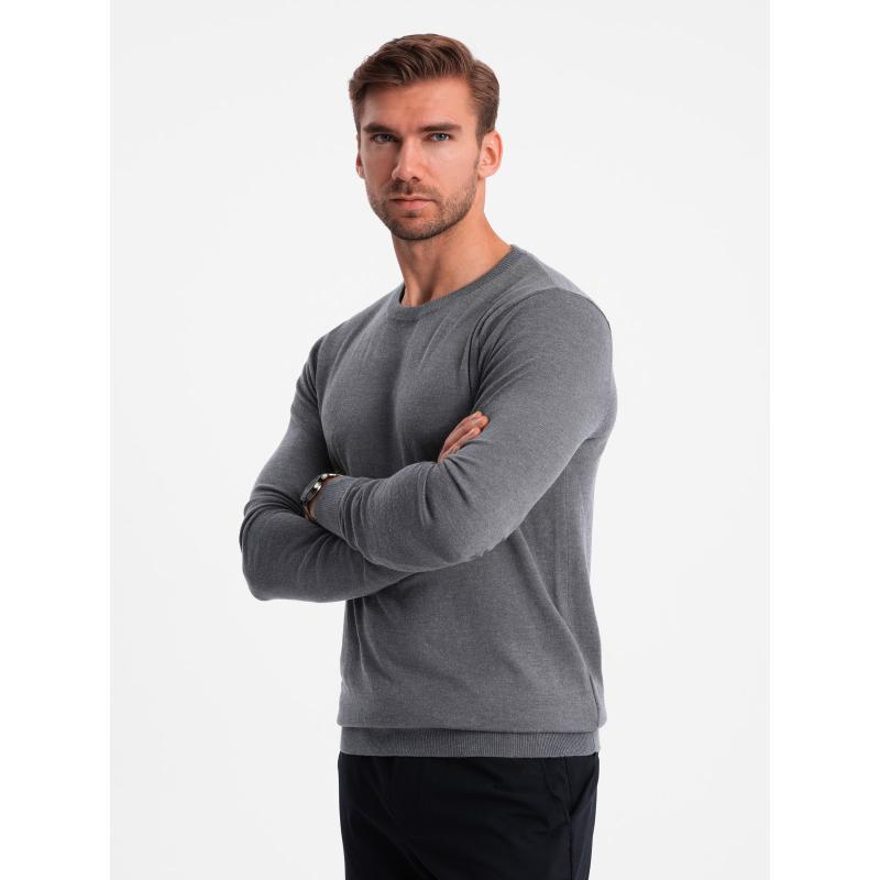 Klasický pánský svetr BASIC s kulatým výstřihem z viskózy - šedý melír V1