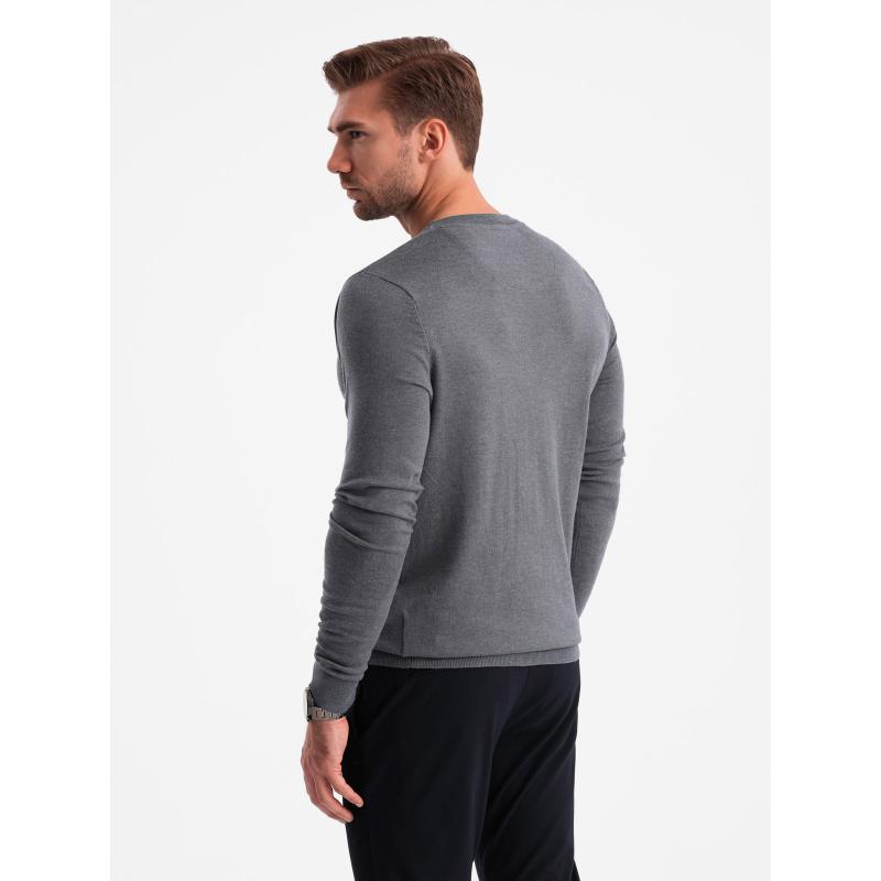 Klasický pánský svetr BASIC s kulatým výstřihem z viskózy - šedý melír V1