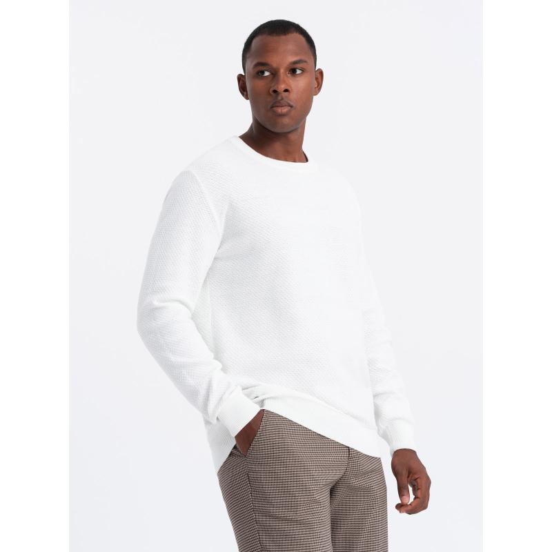 Férfi kötött RELAXED FIT rombuszszövésű pulóver - fehér V1