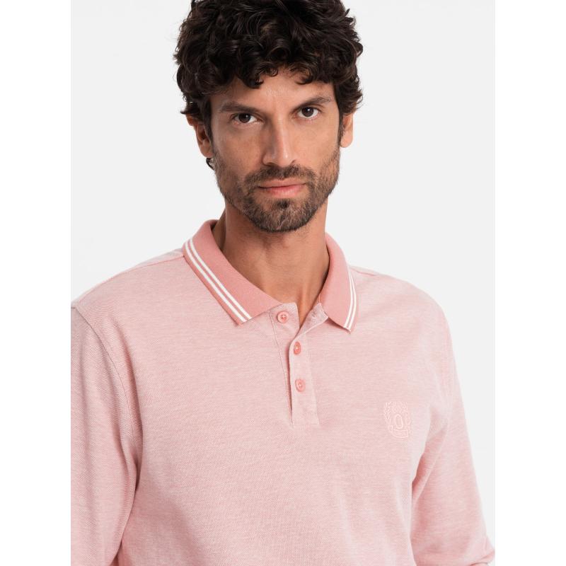 Pánská melanžová polokošile s dlouhým rukávem a výšivkou - růžová melanž V2