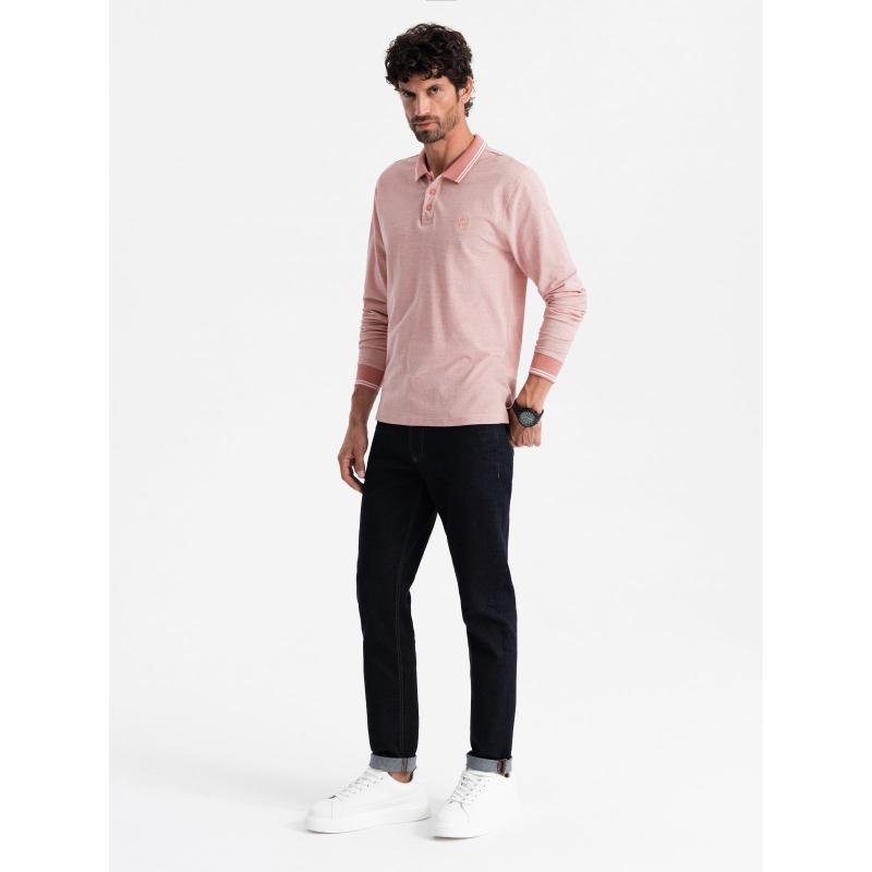 Pánská melanžová polokošile s dlouhým rukávem a výšivkou - růžová melanž V2