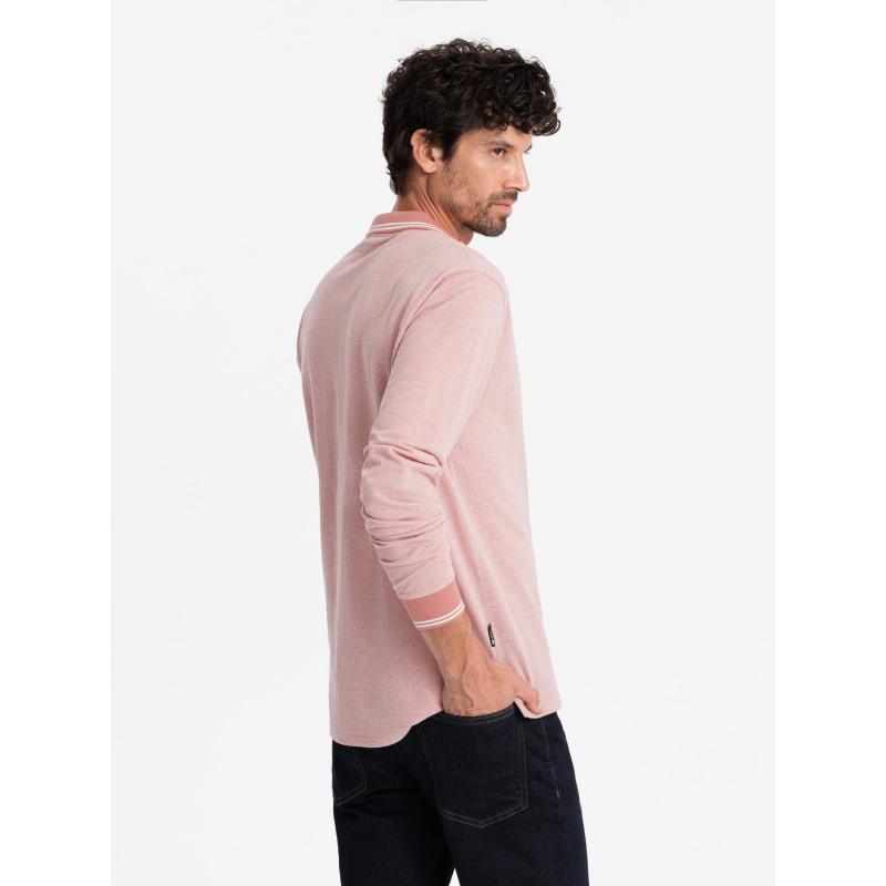 Pánská melanžová polokošile s dlouhým rukávem a výšivkou - růžová melanž V2