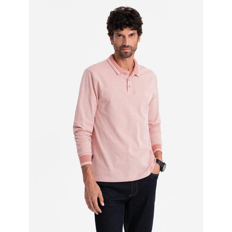 Pánská melanžová polokošile s dlouhým rukávem a výšivkou - růžová melanž V2
