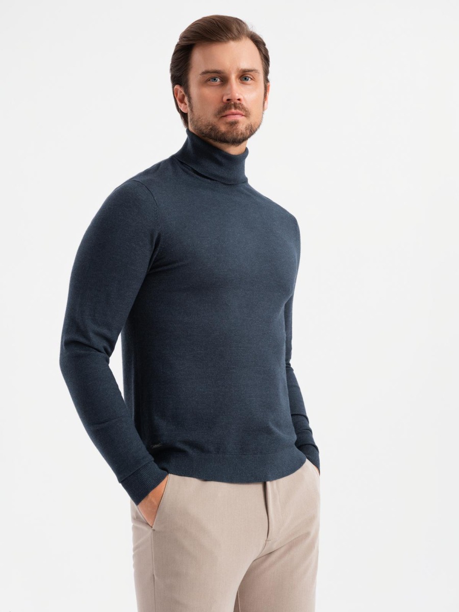 Férfi kötött, mintás RELAXED FIT pulóver - sötétkék V1