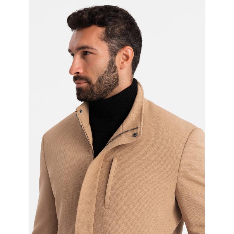 Pánsky štruktúrovaný kabát s vysokým golierom - svetlohnedý V4