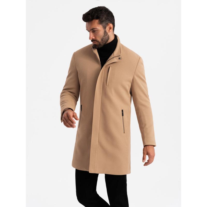 Pánsky štruktúrovaný kabát s vysokým golierom - svetlohnedý V4